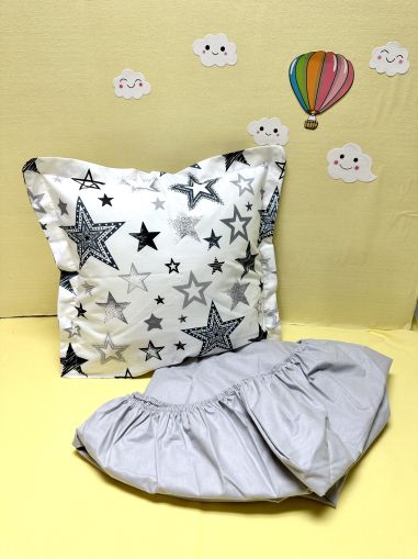 Долен чаршаф с ластик + калъфка - "Големи сиви звездички"