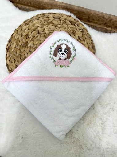 Бебешка хавлия за баня "Кученце" - бяло, 80/80см.