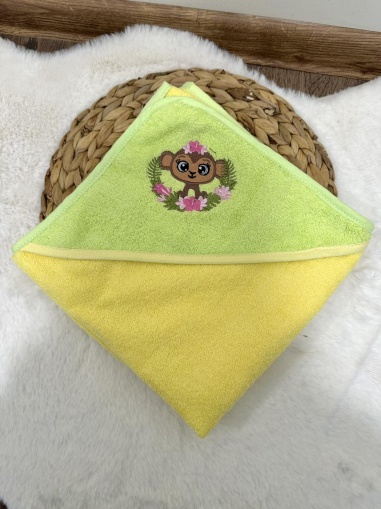 Бебешка хавлия за баня "Маймунка" - жълто/зелено, 80/80см.