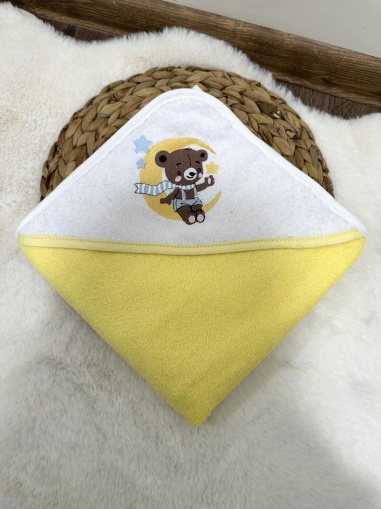 Бебешка хавлия за баня "Мече" - жълто/бяло - 80/80см.