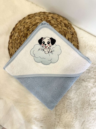 Бебешка бродирана хавлийка за баня "Кученце" - синьо, 80/80см.