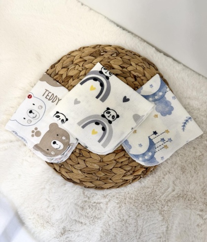 Комплект от 3 броя бархетни кърпички за многократна употреба "Мече/Панда/Луна"