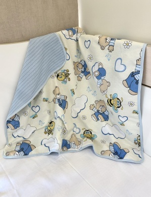 Pique Baby Blanket - "Beige Bears/Blue" - 80x90cm
