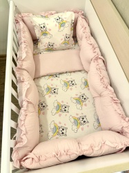 Бебешки спален комплект 8 части с обиколници "Сладки котенца" - розово