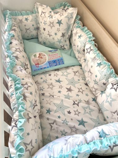 Бебешки спален комплект 8 части с обиколници "Ментови звезди"