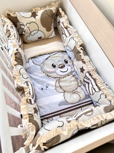 Луксозен бебешки спален комплект 8 части с обиколници "Бежово мече - DUDE"