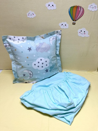 Долен чаршаф с ластик + калъфка - "Облачета" - мента