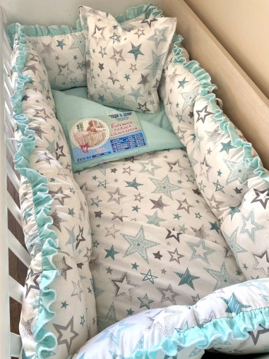 Бебешки спален комплект 8 части с обиколници "Звезди" - мента