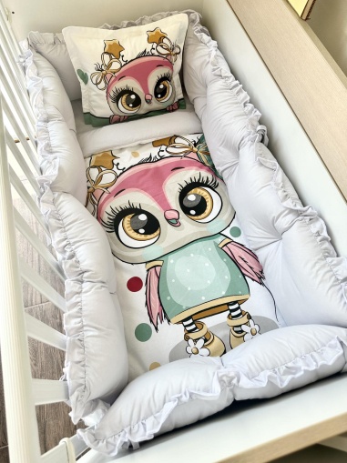 Луксозен бебешки спален комплект 8 части с обиколници "Веселото бухалче" - розово