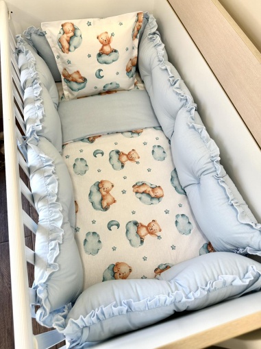 Бебешки спален комплект 8 части с обиколници "Спящи мечета" - синьо