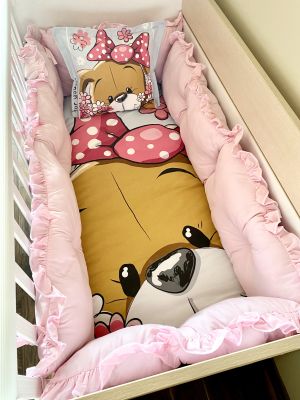 Луксозен бебешки спален комплект 8 части с обиколници "Куче" - розово - 140/70см
