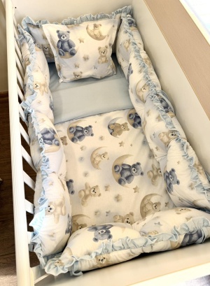 Бебешки спален комплект 8 части с обиколници "Лунна приказка" - синьо