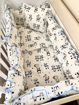 Бебешки спален комплект 8 части с обиколници "Сини панди"