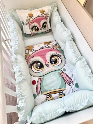 Луксозен бебешки спален комплект 8 части с обиколници "Веселото бухалче" - розово