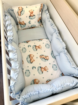 Бебешки спален комплект 8 части с обиколници "Спящи мечета" - синьо