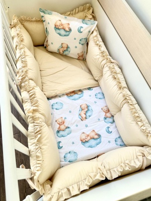 Бебешки спален комплект 8 части с обиколници "Спящи мечета" - синьо